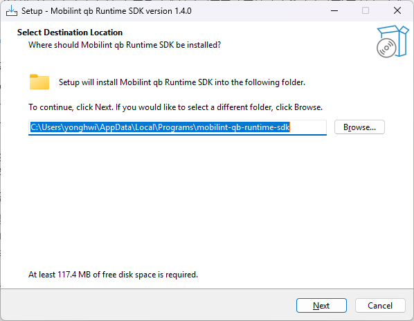 Destination folder selection screen