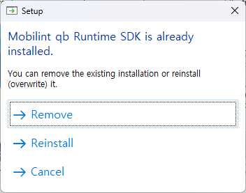 Dialog offering to remove or reinstall the existing installation